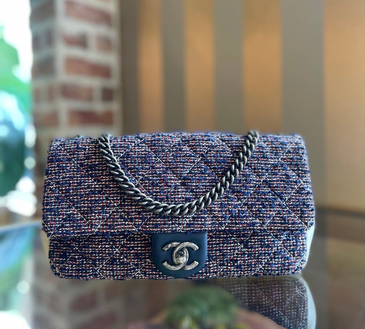 Chanel Red/Blue Tweed Quilted Medium Single Flap Shoulder Bag