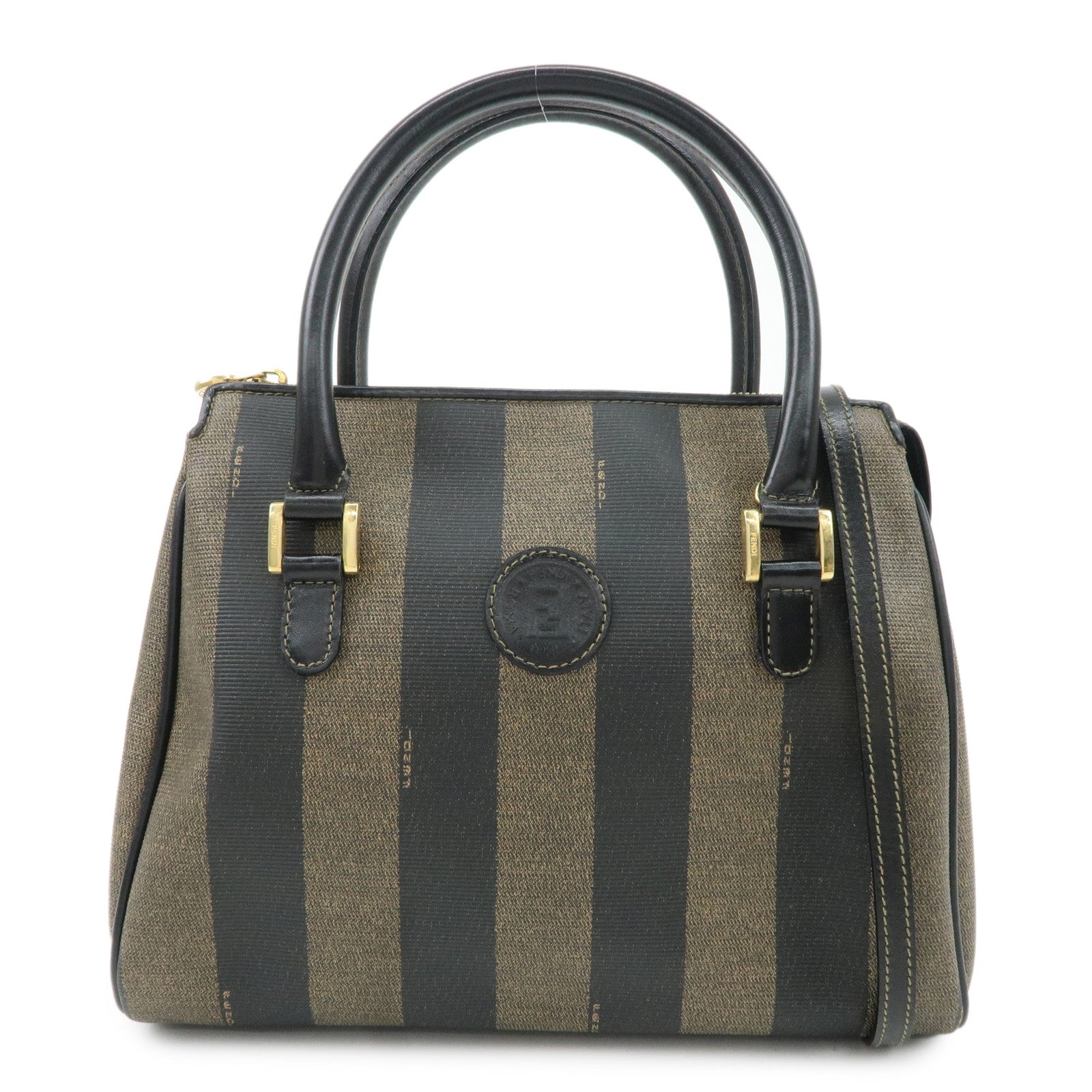 Fendi Pequin PVC 2Way Bag Hand Bag d Leather Black Brown Handbag