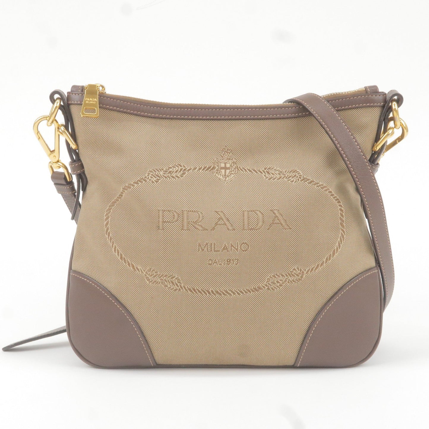 Prada Prada Logo Jacquard Leather Shoulder Bag Beige Brown Bt867A 36240 3
