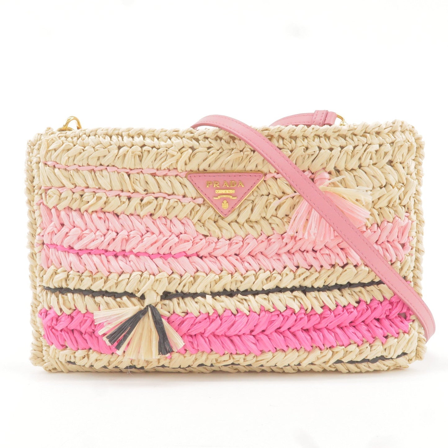 Prada Prada Raffia Tricot Leather Shoulder Bag Beige Pink