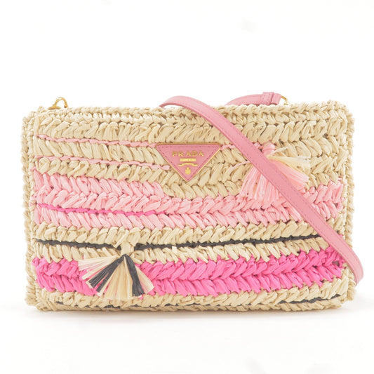 Prada Prada Raffia Tricot Leather Shoulder Bag Beige Pink