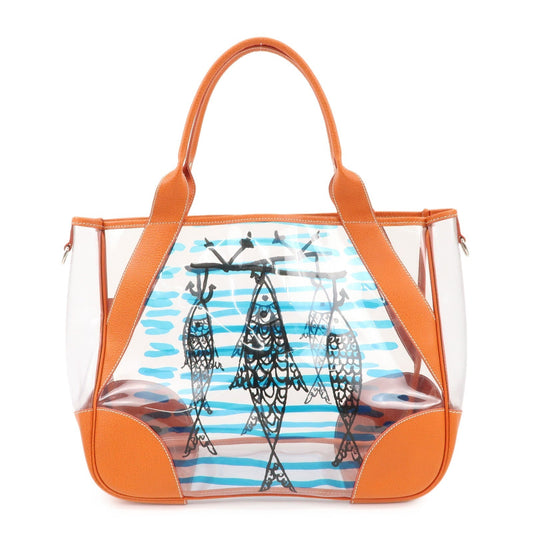 Prada Tote Bag PVC Fish Print Clear d Leather Orange