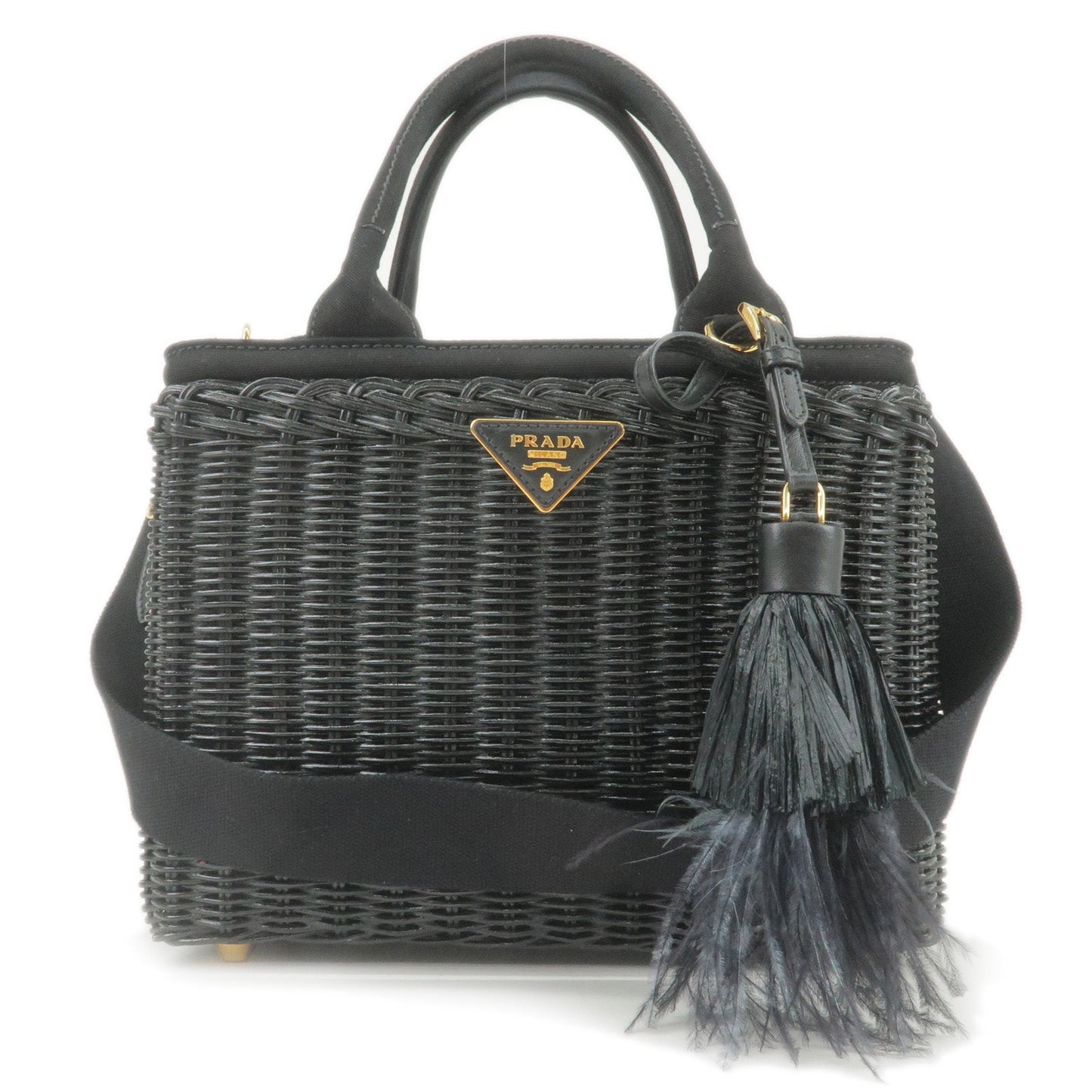 Prada 2Way Bag Hand Bag Canvas Wicker Black Travel Bag 1Bg835 35934 18