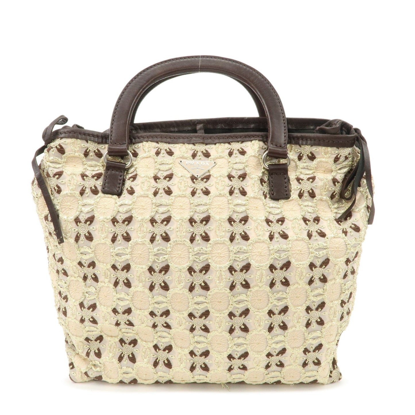 Prada Tote Bag Tweed Flower Embroidery Dark d Brown Beige Gold
