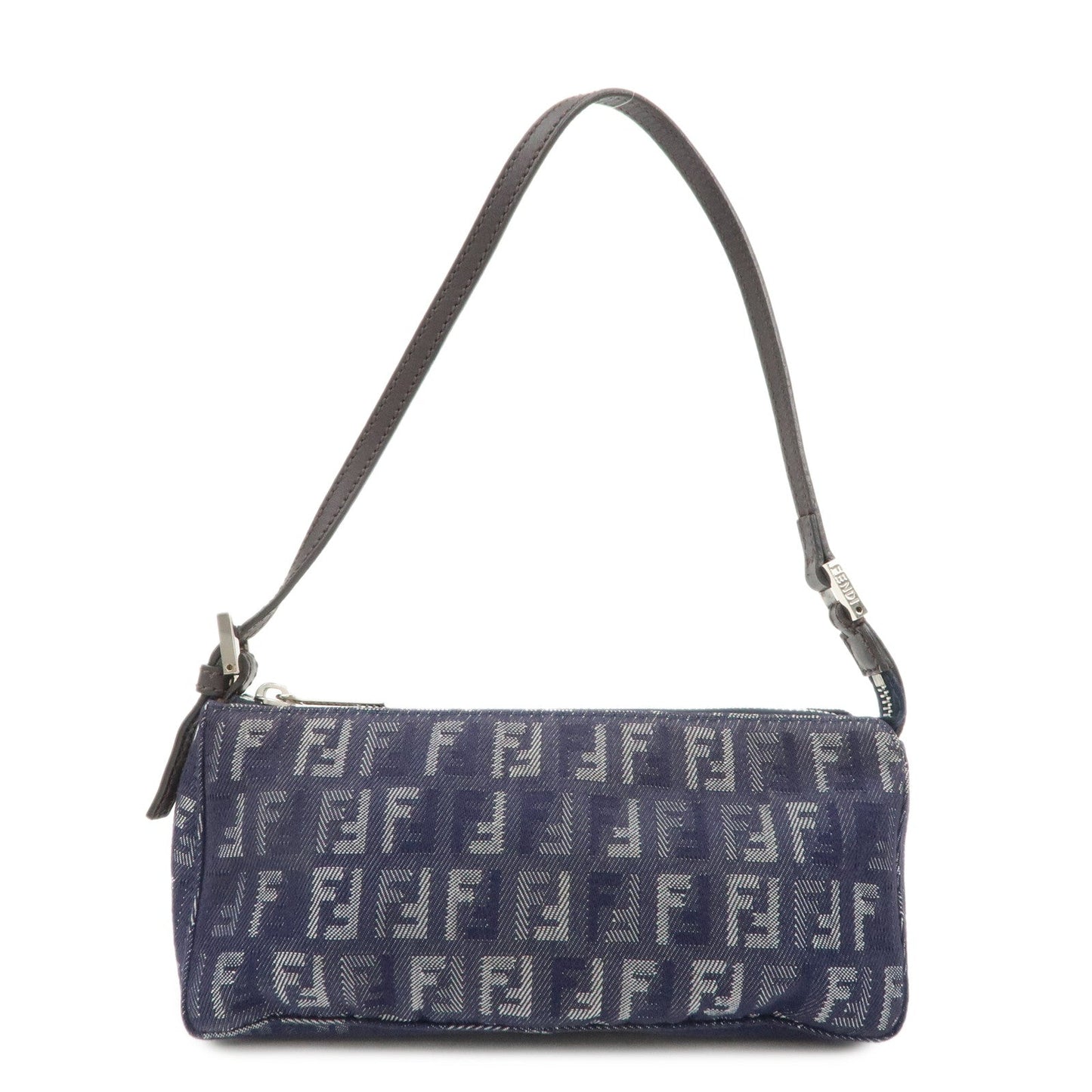 Fendi Shoulder Bag Zucchino Pouch d Leather Canvas Navy