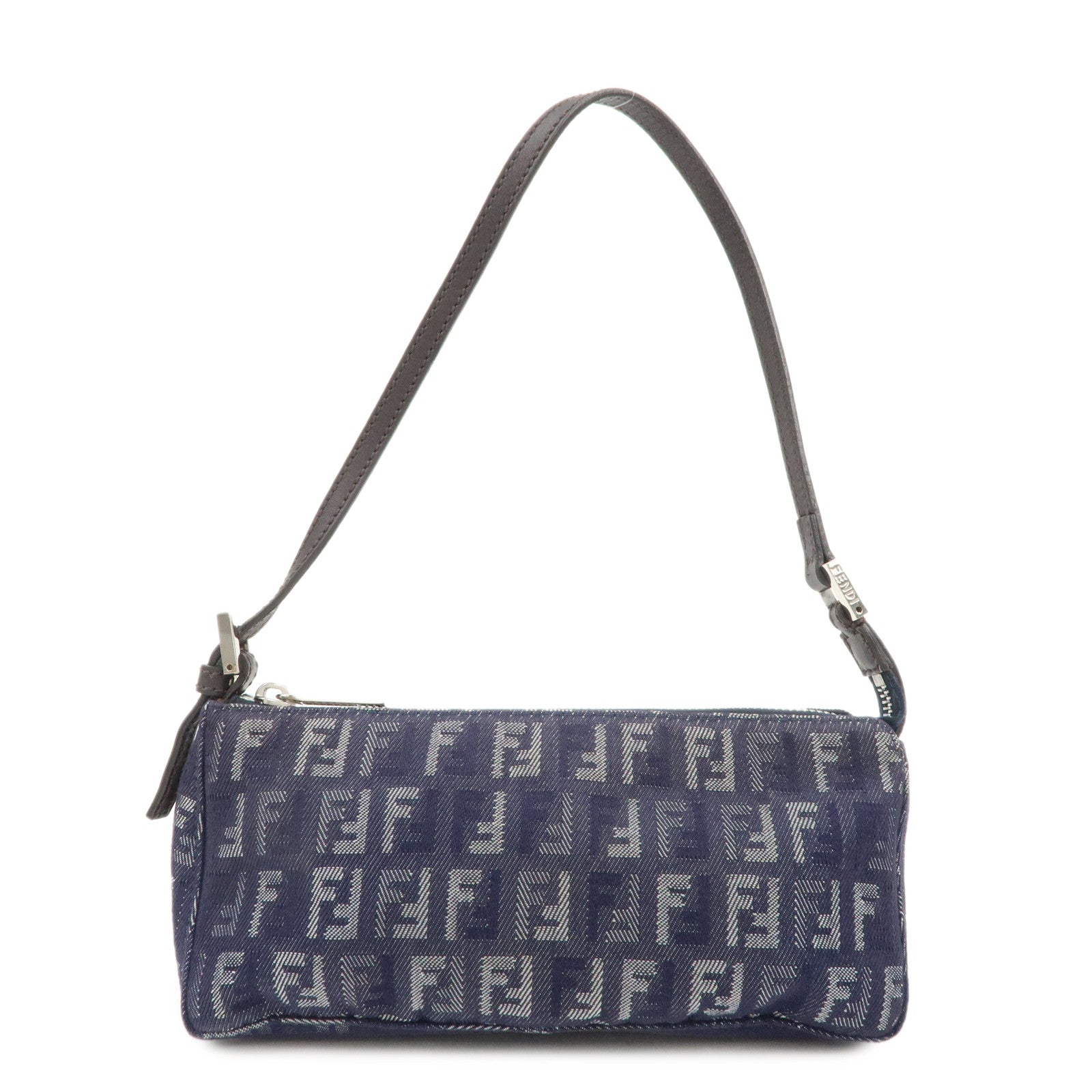 Fendi Shoulder Bag Zucchino Pouch d Leather Canvas Navy