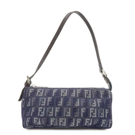 Fendi Shoulder Bag Zucchino Pouch d Leather Canvas Navy