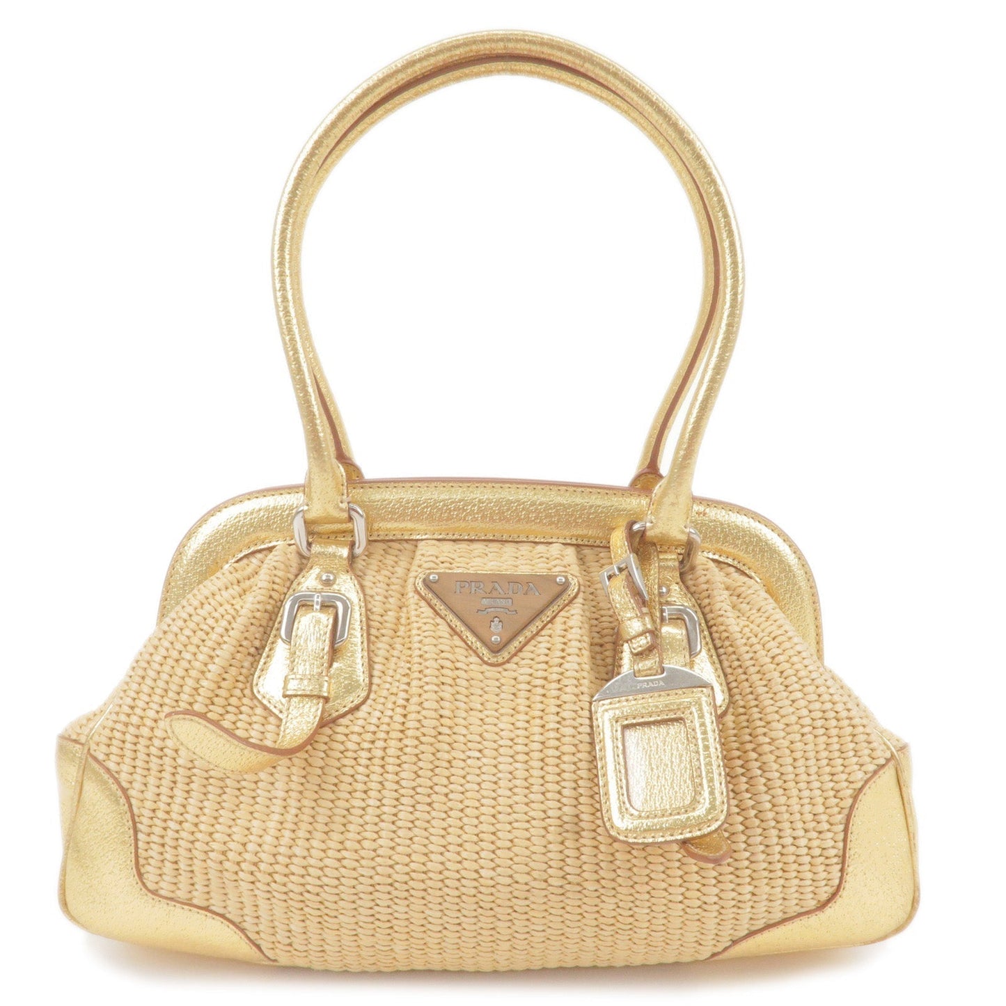 Prada Prada Paglia Straw Leather Shoulder Bag Metalic Gold