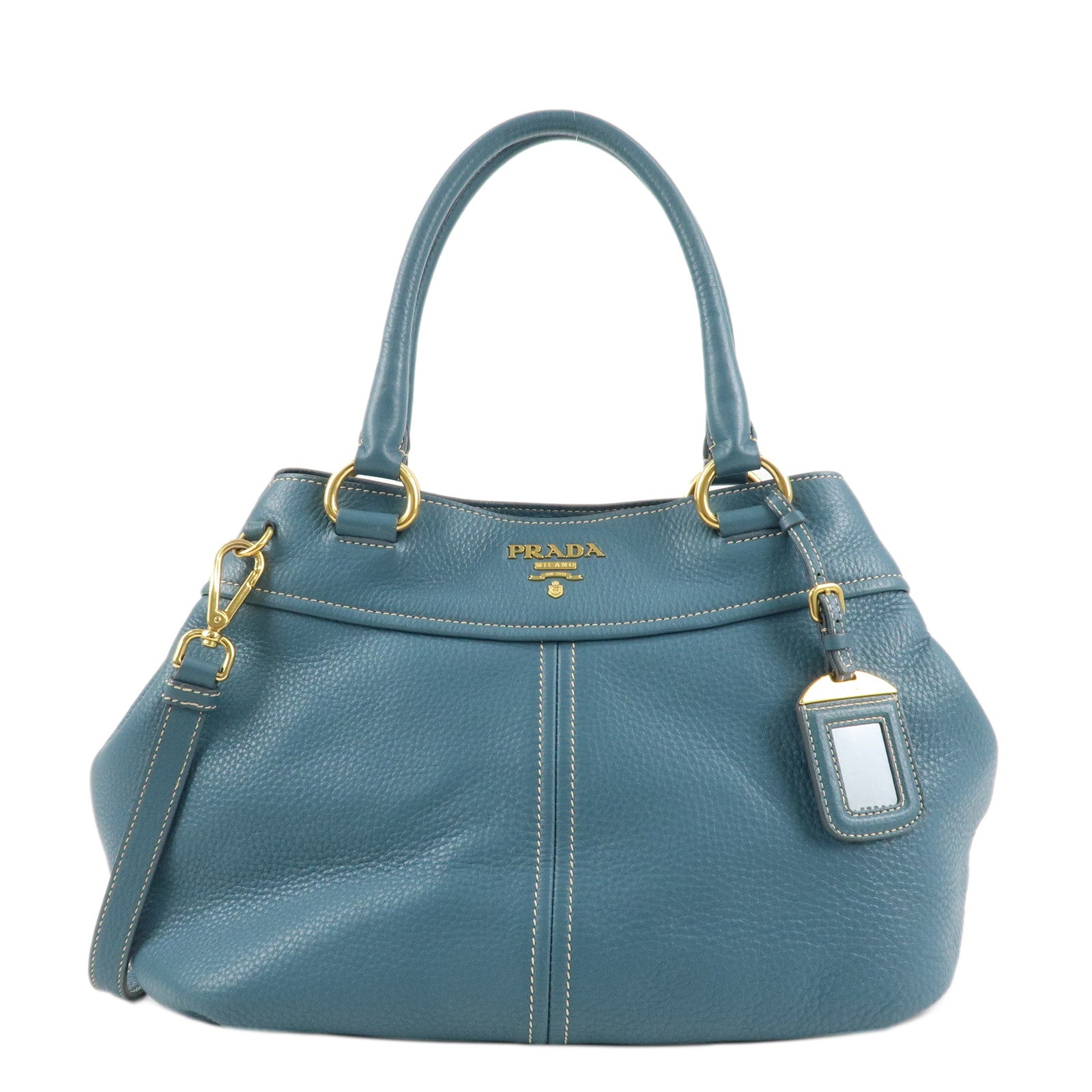 Prada Shoulder Bag 2Way Bag Hand Bag HDW d Leather Blue Gold