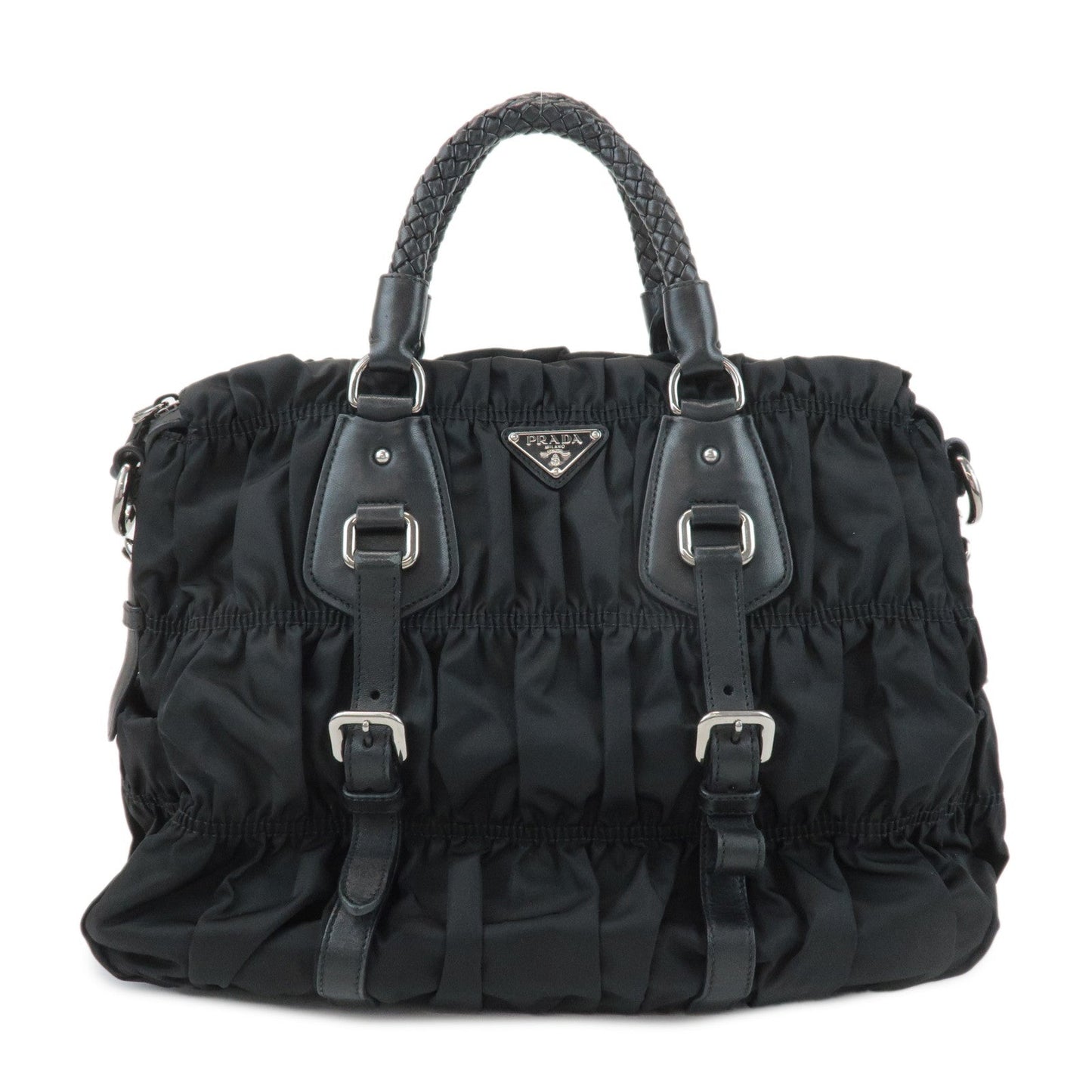 Prada Gathered 2Way Hand Bag d Leather Nylon Black Handbag