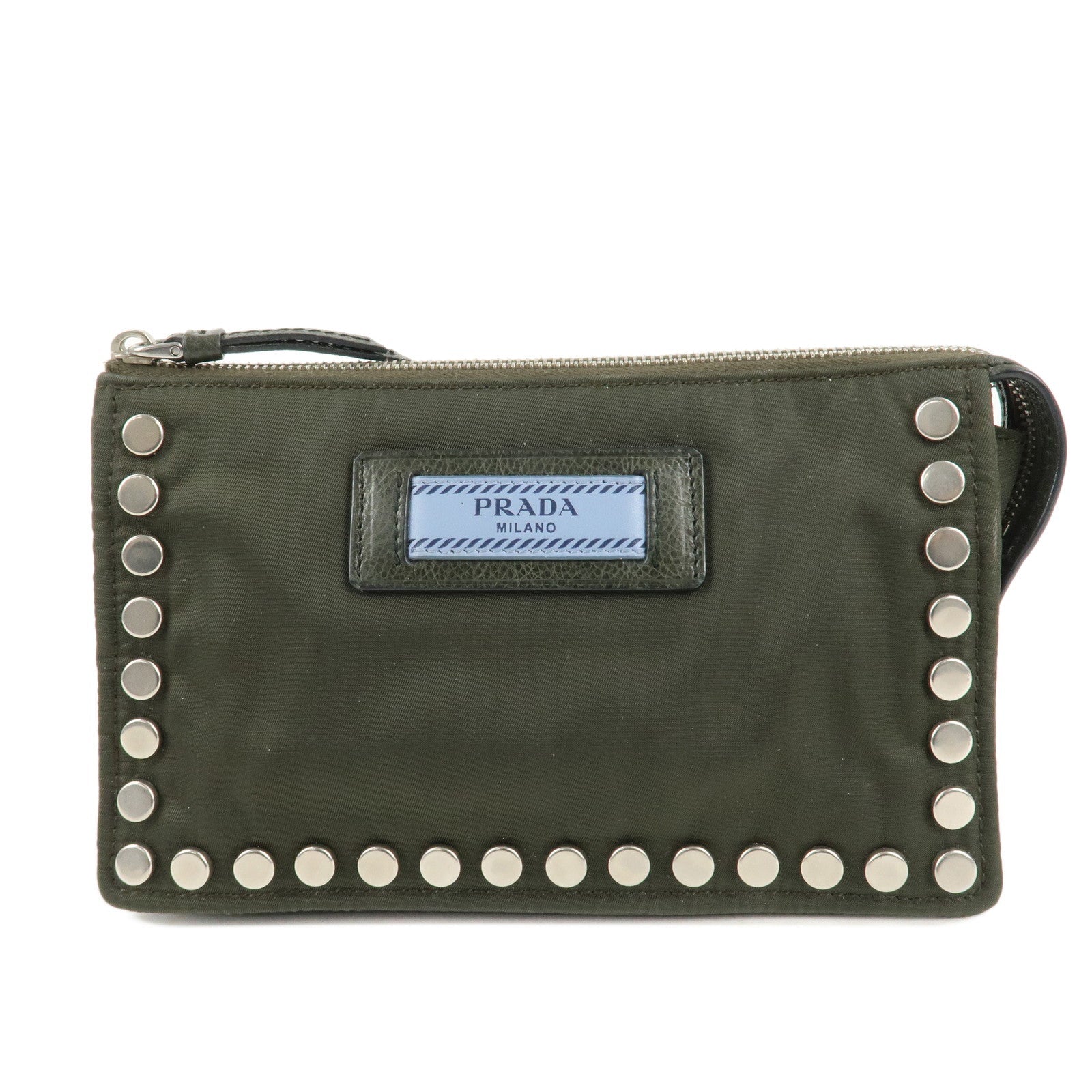 Prada Travel Bag Tessuto Travel Pouch Studs Military HDW Silver