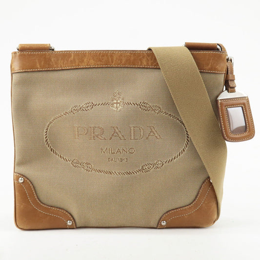Prada Prada Logo Jacquard Leather Shoulder Bag Beige Brown Bt0537 36612 16