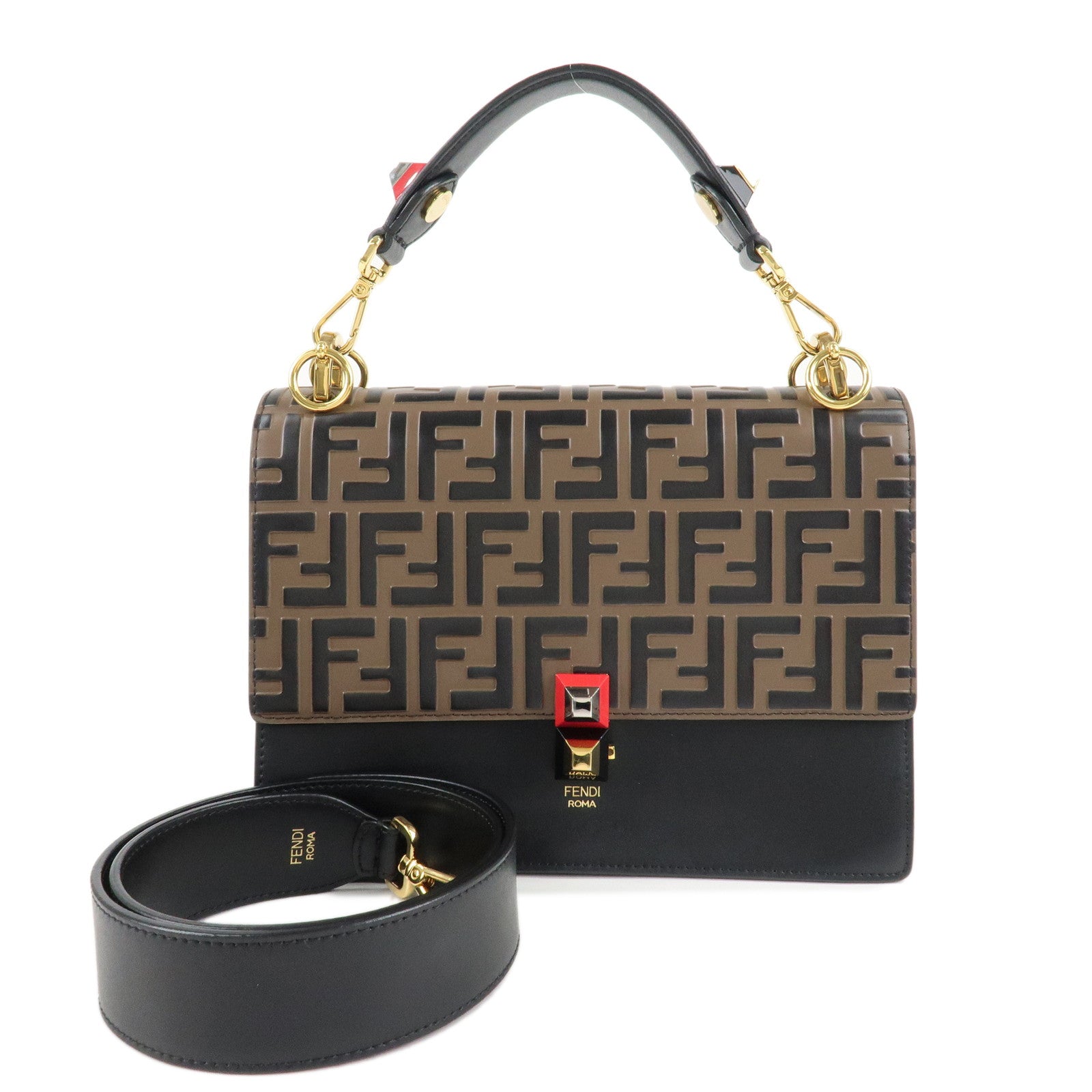 Fendi Zucca KAN I 2Way Bag Hand Bag d Leather Black Brown Handbag