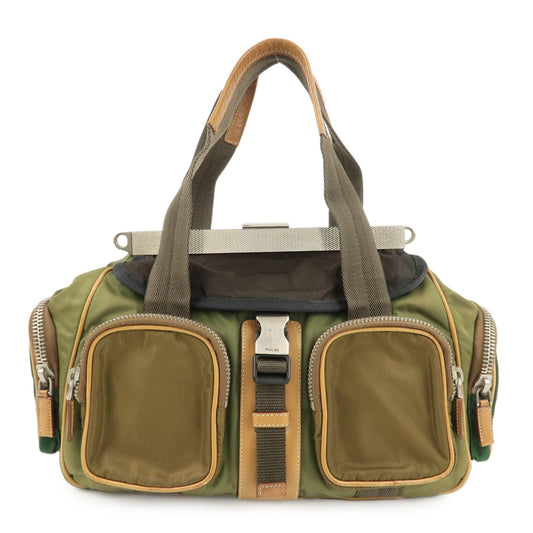 Prada Shoulder Bag Khaki d Leather Nylon Brown