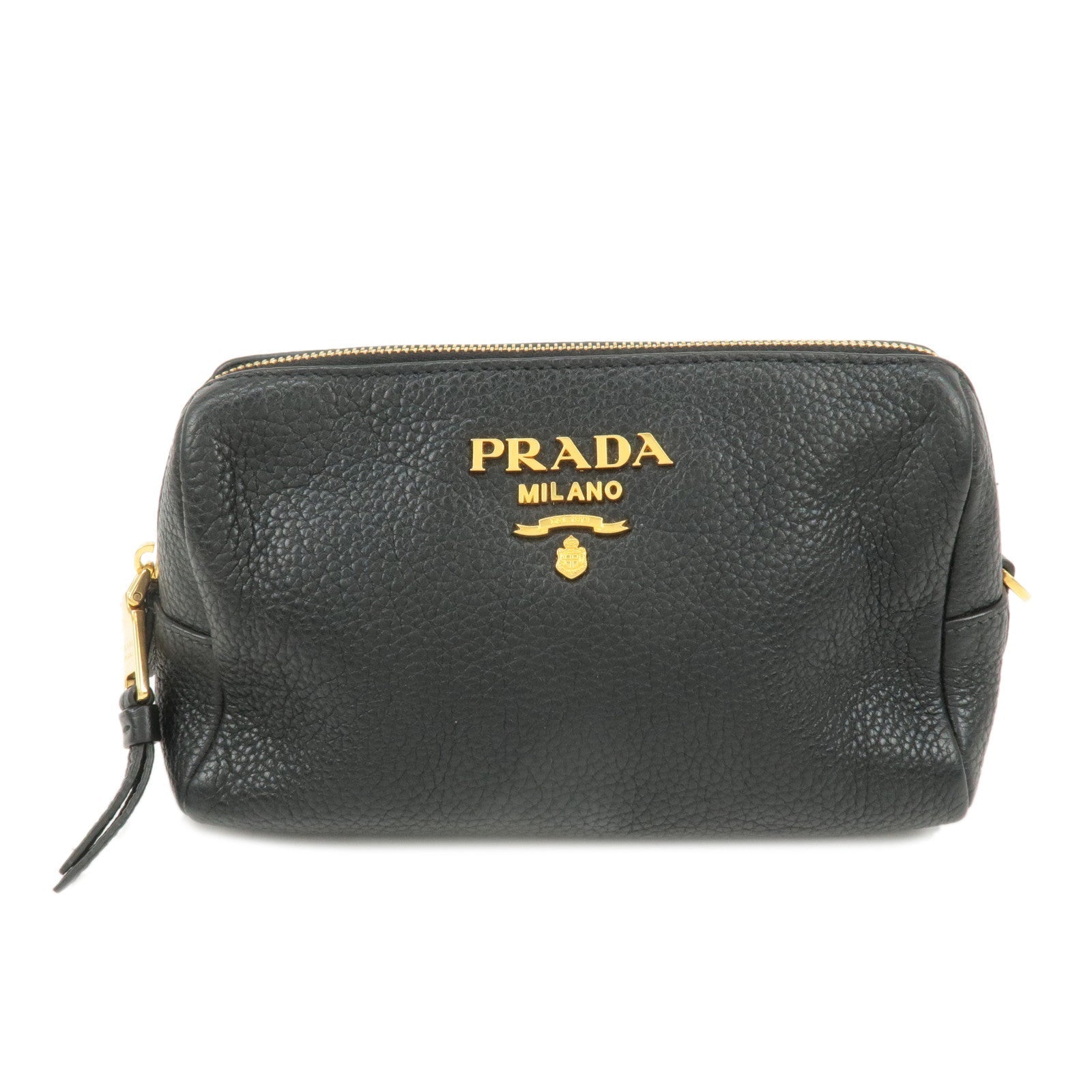 Prada Pouch Cosmetic Pouch d Leather Black Logo Handbag