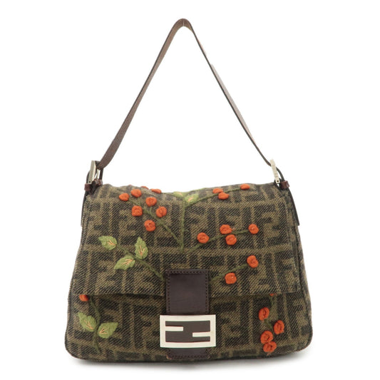 Fendi Shoulder Bag Mamma Baguette Wool Tree Motif Khaki Leather
