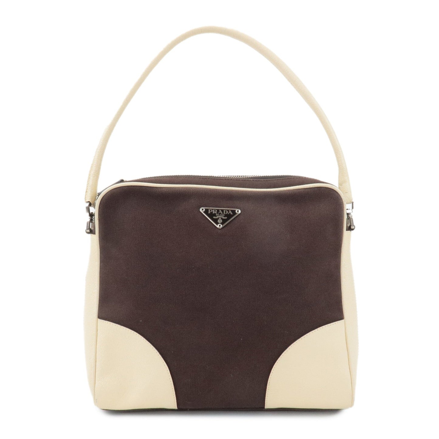 Prada Shoulder Bag Triangle Ivory d Leather Canvas Brown