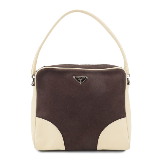 Prada Shoulder Bag Triangle Ivory d Leather Canvas Brown