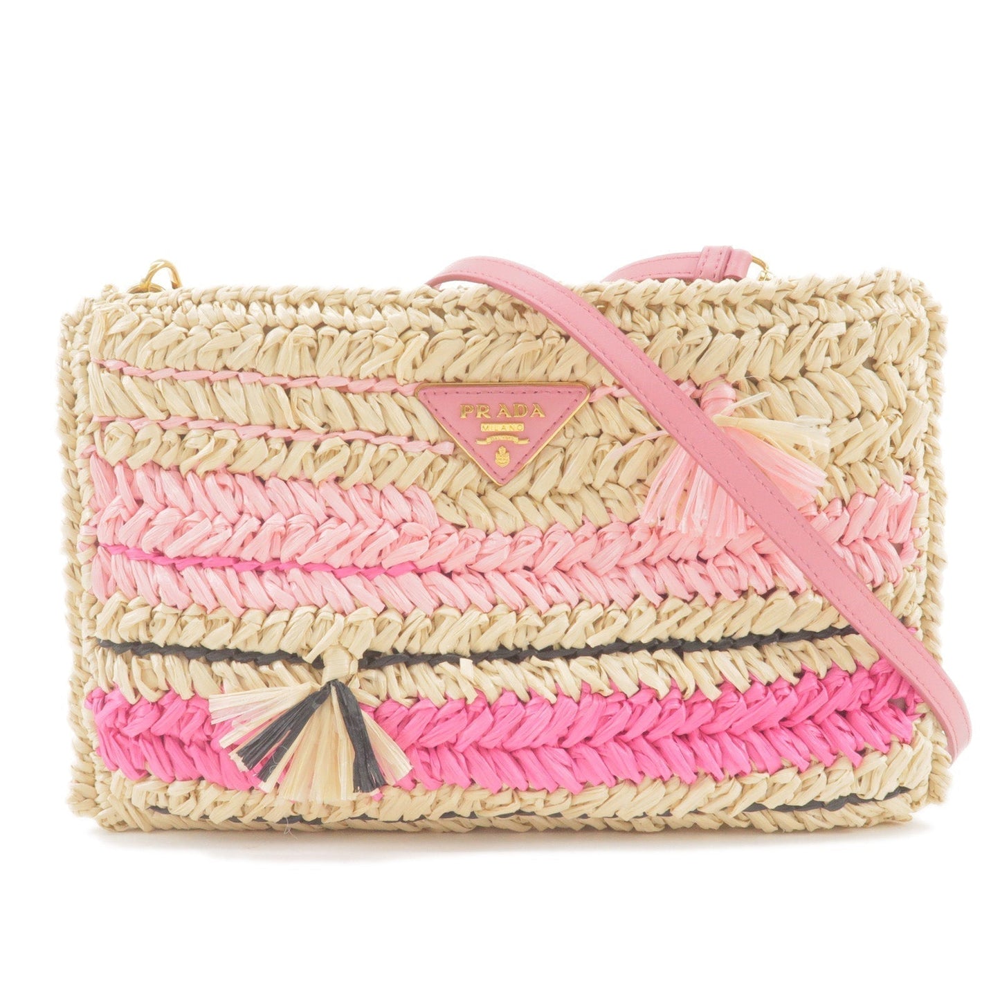 Prada Prada Raffia Tricot Leather Shoulder Bag Beige Pink