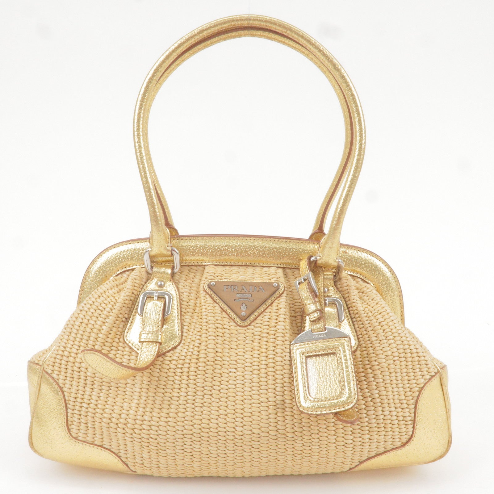 Prada Prada Paglia Straw Leather Shoulder Bag Metalic Gold