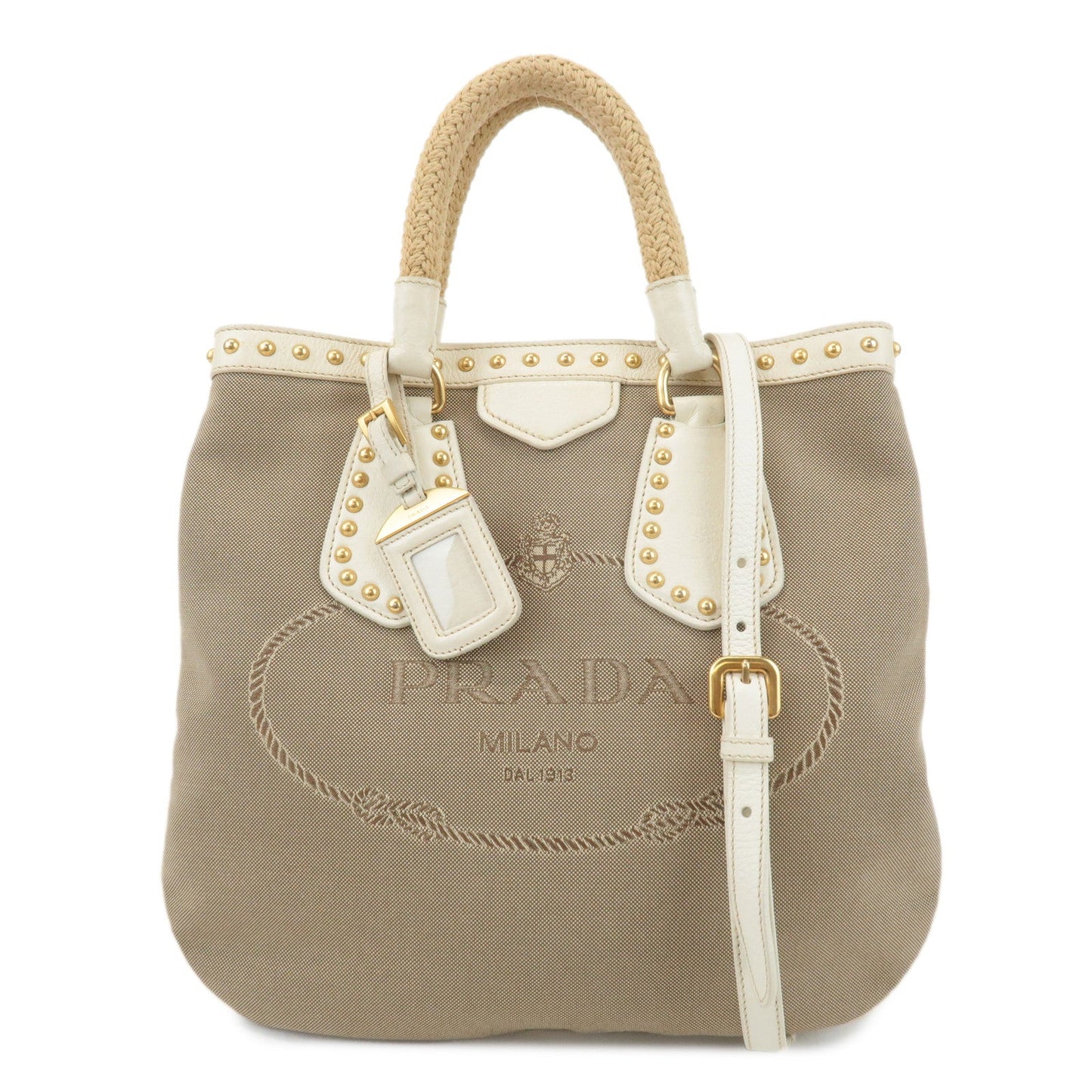 Prada Studs Hand Bag d Leather Canvas Beige Handbag
