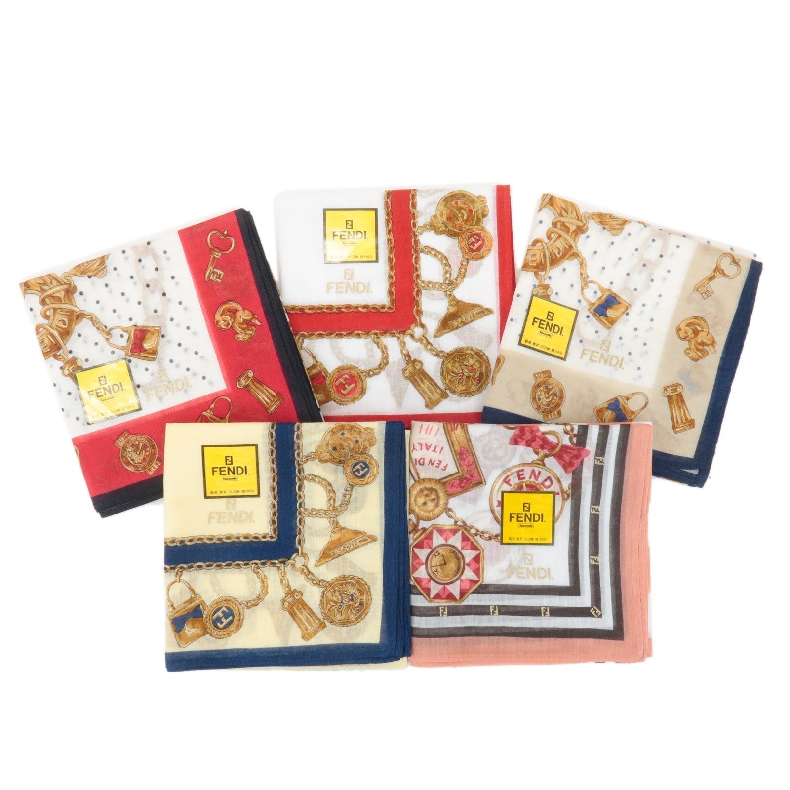 Fendi Set of 5 Cotton 100% Handkerchief d White Red Pink Scarf