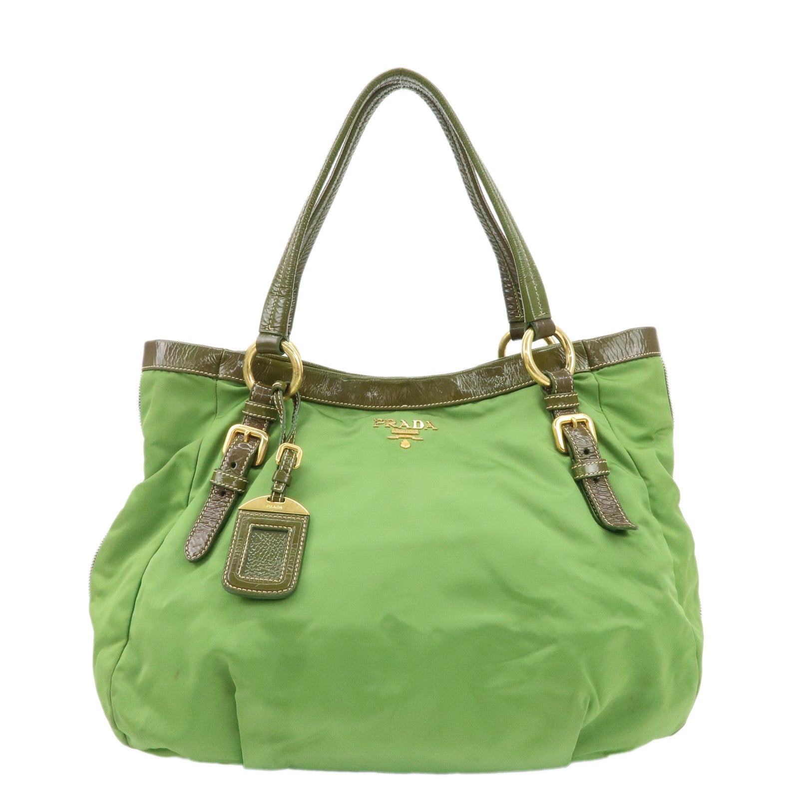 Prada Tote Bag Shoulder Bag Khaki d Leather Patent Nylon