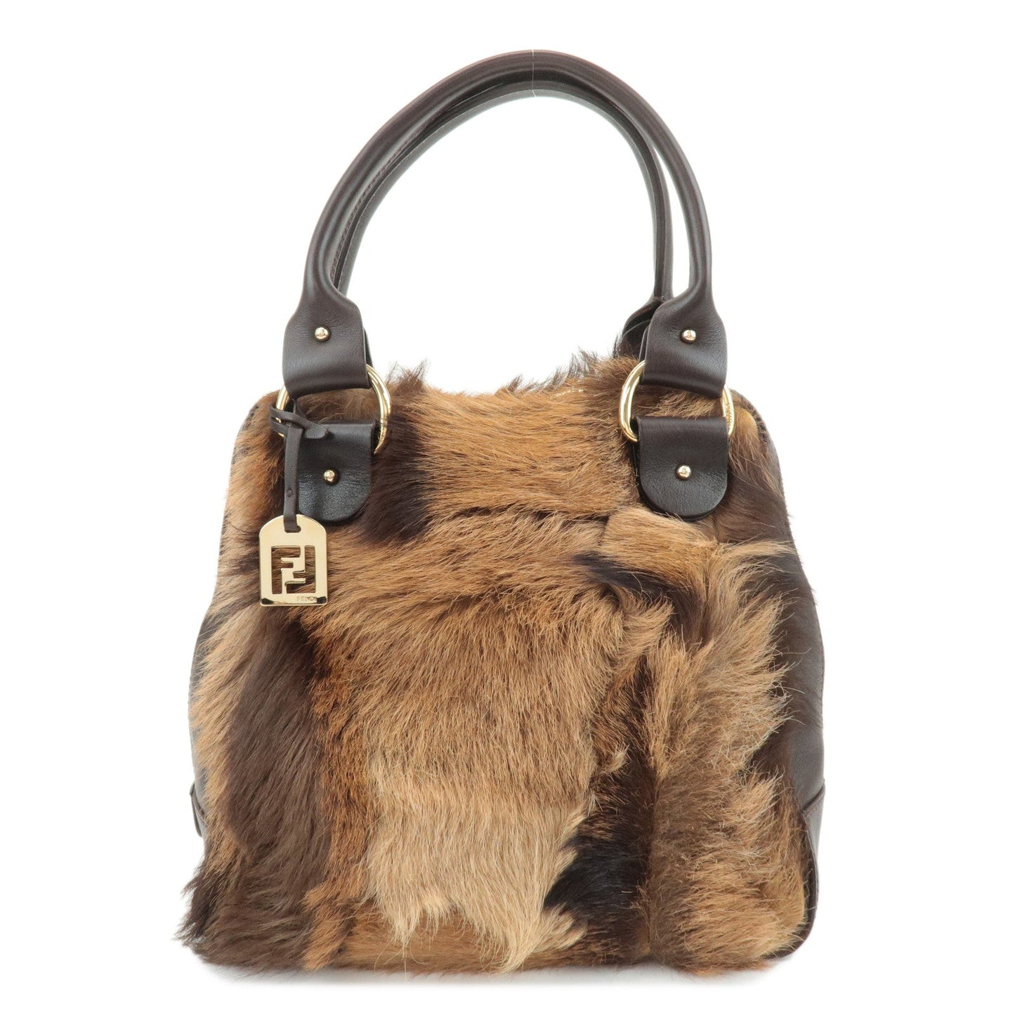 Fendi Shoulder Bag Unborn Calf Hand Bag d Leather Calf Leather Brown