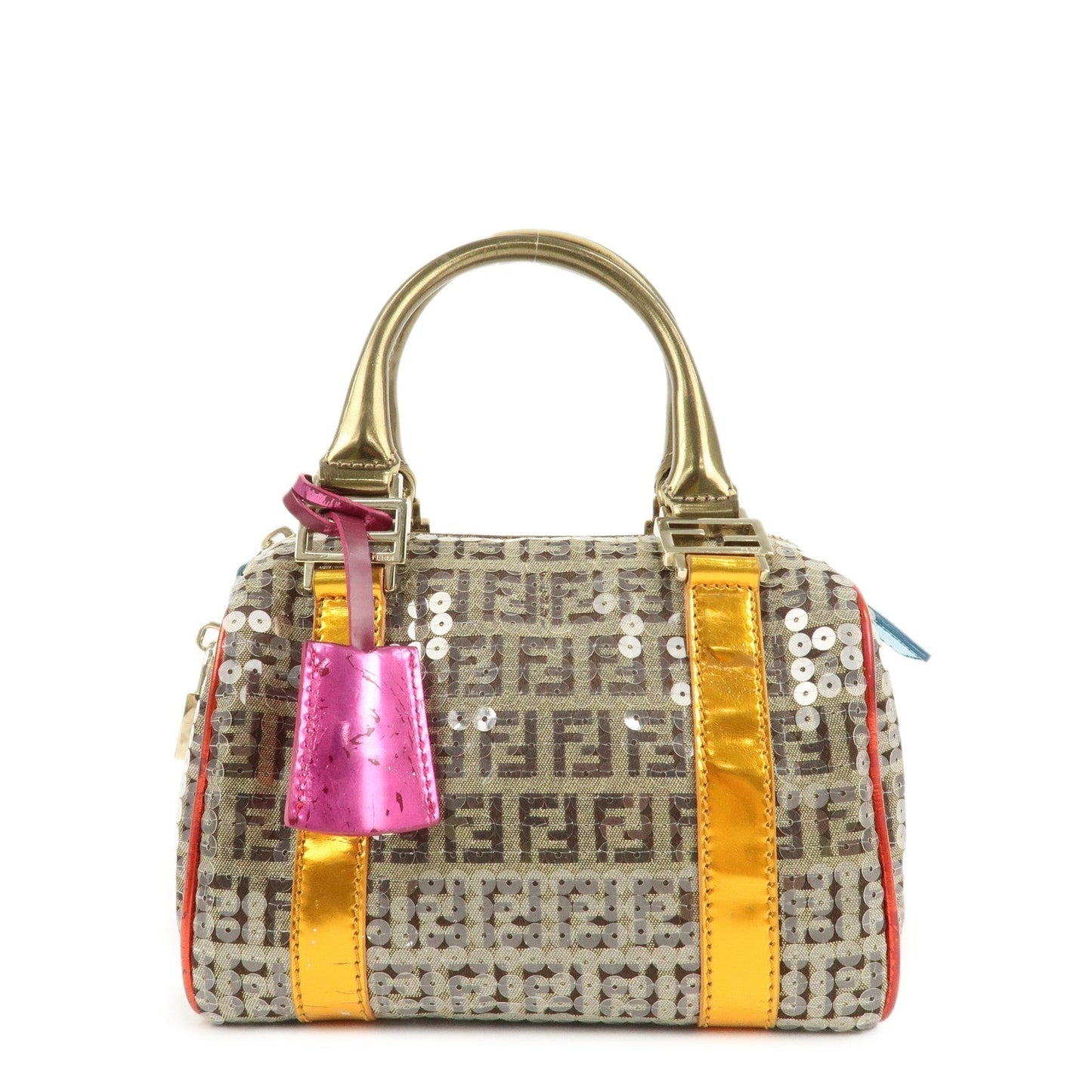 Fendi Zucchino Flip Sequin Boston Bag d Leather Canvas Patent Handbag
