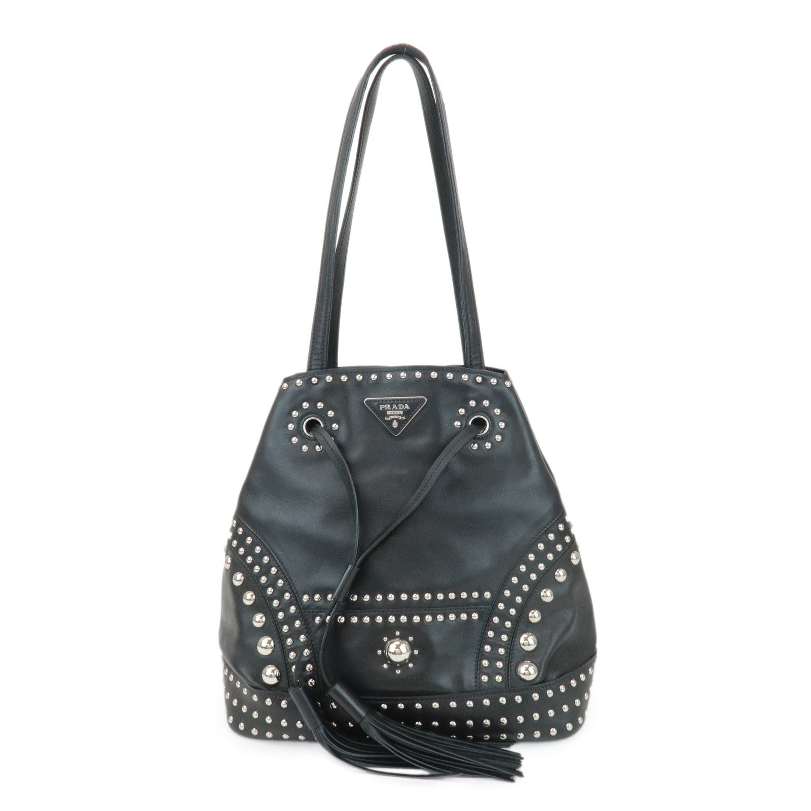Prada Shoulder Bag Calf Drawstring Studs Tassel d Leather Calf Leather Black