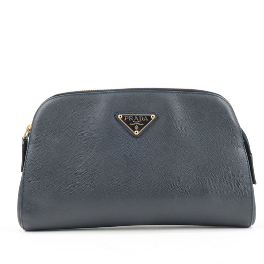 Prada Prada Logo Leather Clutch Bag Pouch Purse Navy
