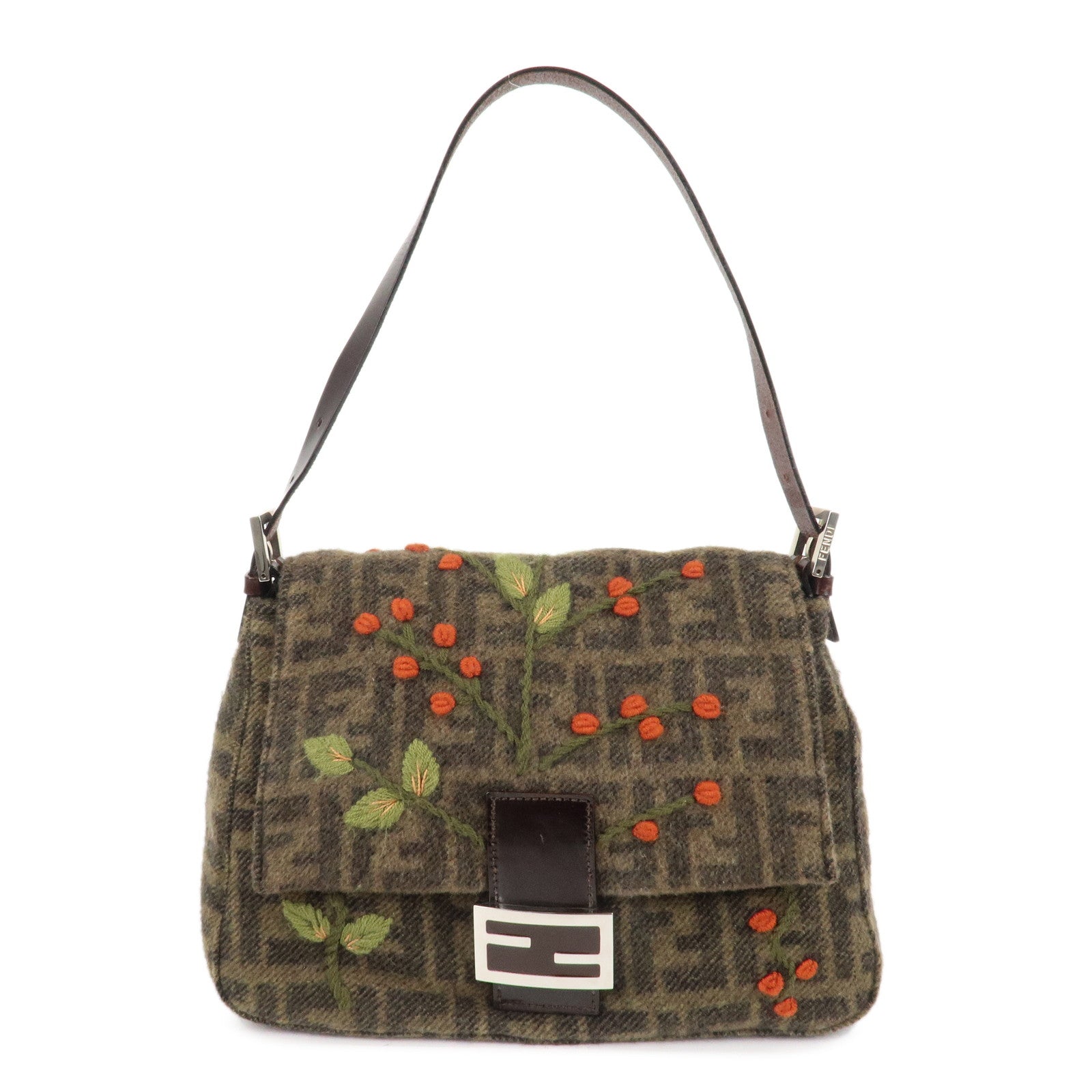 Fendi Shoulder Bag Mamma Baguette Zucca Wool Flower d Leather