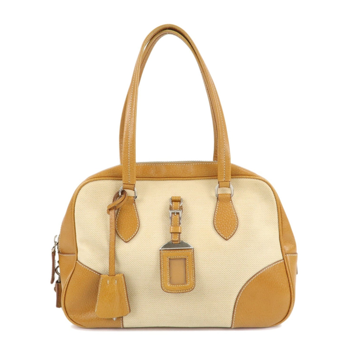 Triangle Boston Bag Ivory d Leather Canvas Brown Handbag