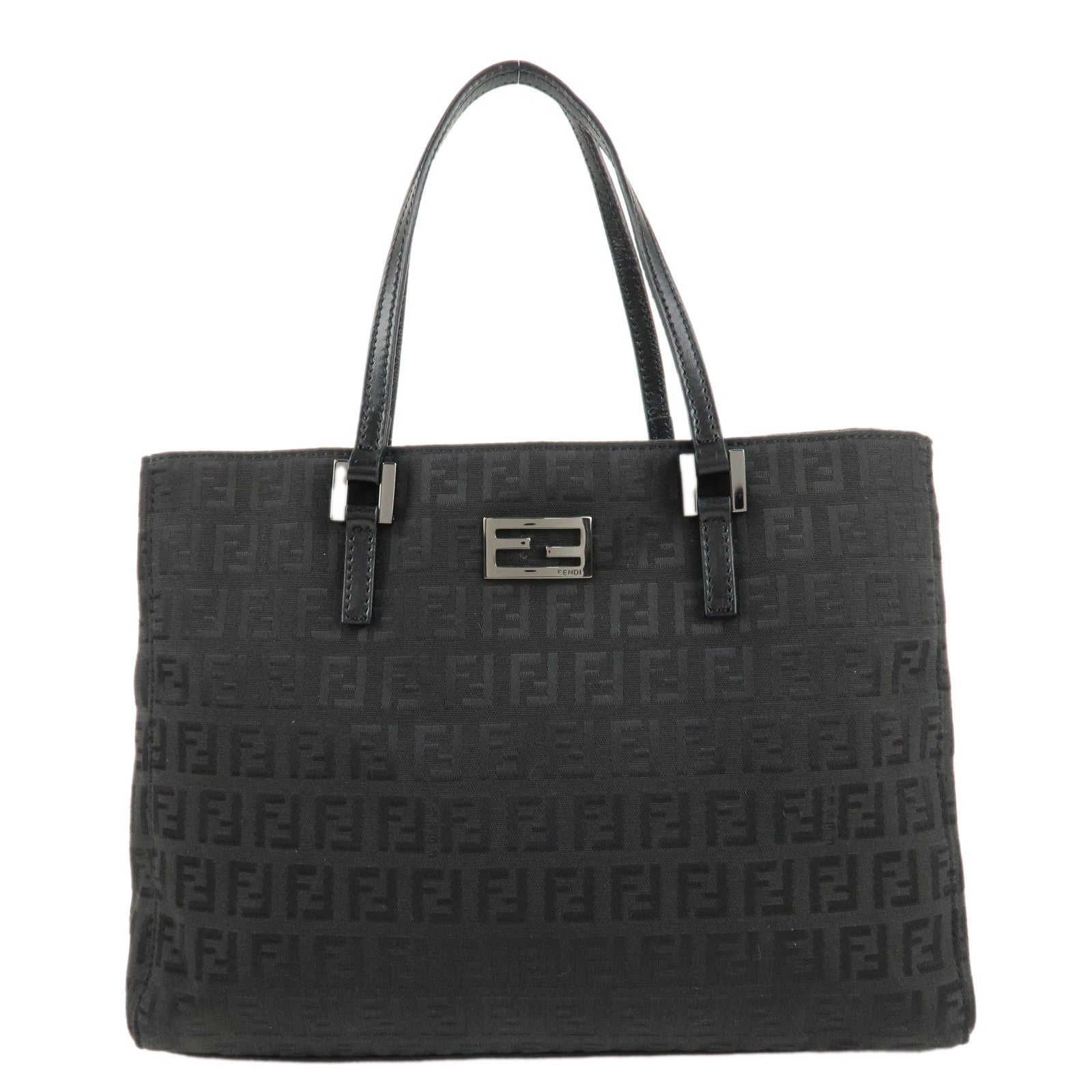 Fendi Tote Bag Zucchino Hand Bag d Leather Canvas Black