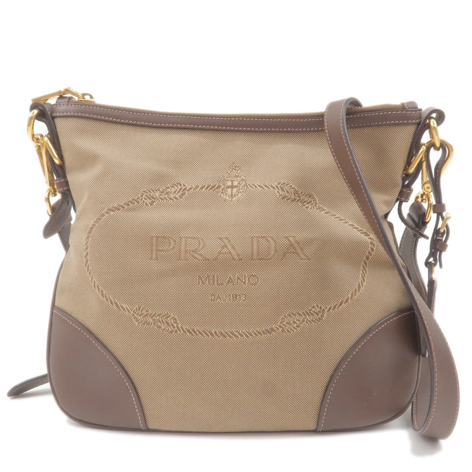 Prada Prada Logo Jacquard Leather Shoulder Bag Beige Brown Bt867A 36592 9