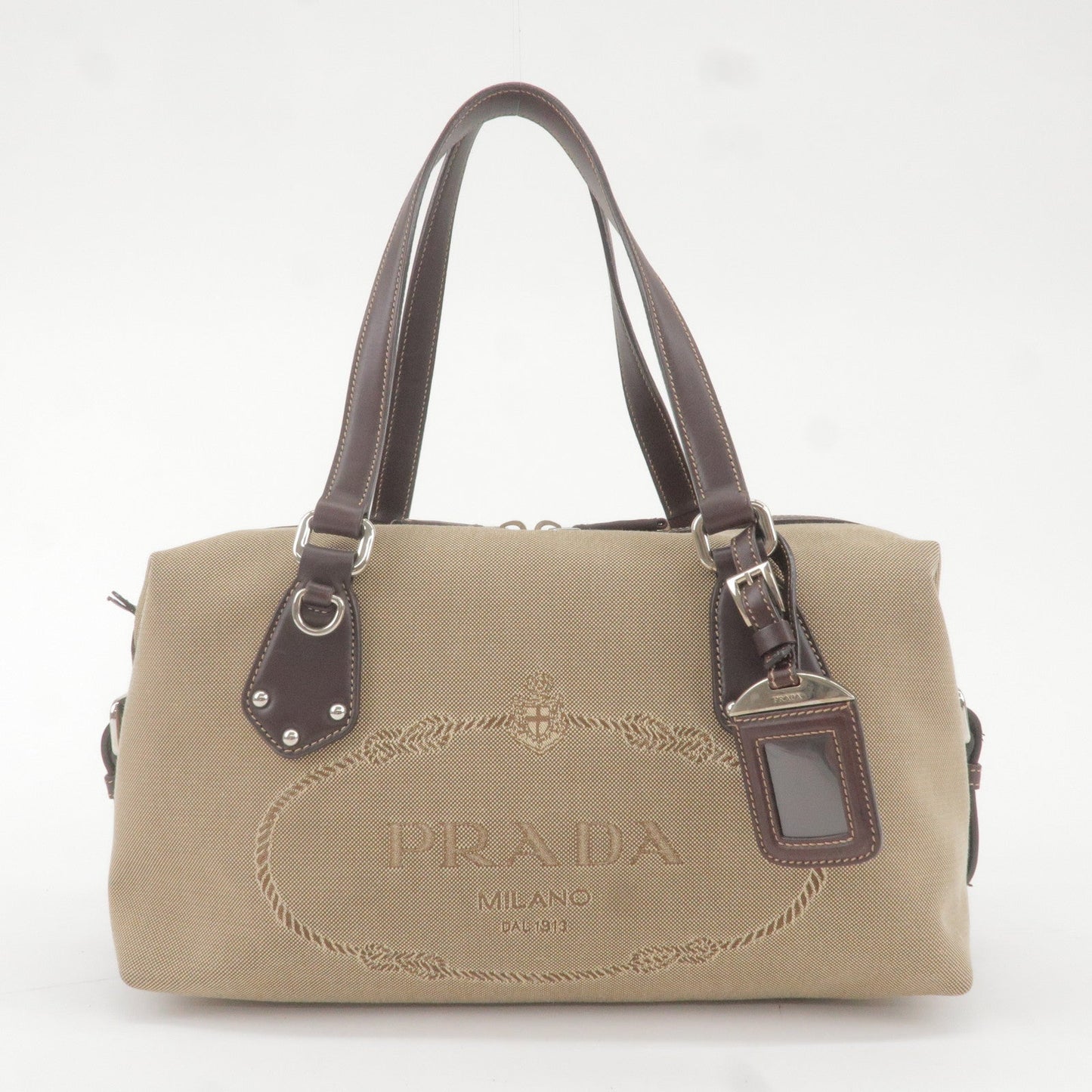 Prada Prada Logo Jacquard Leather Boston Bag Beige Brown Travel Bag