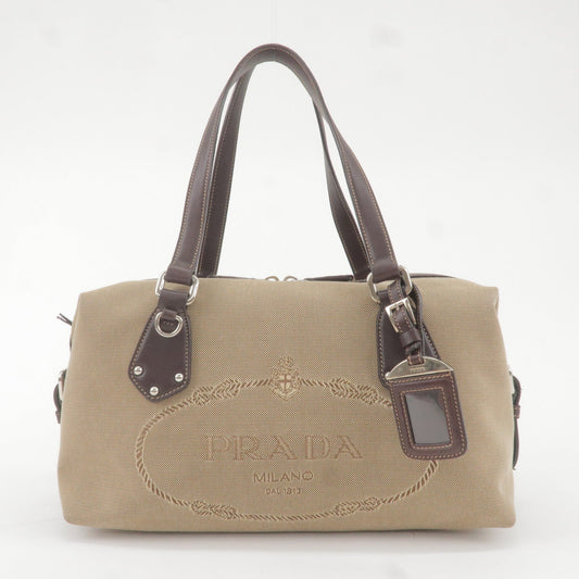 Prada Prada Logo Jacquard Leather Boston Bag Beige Brown Travel Bag