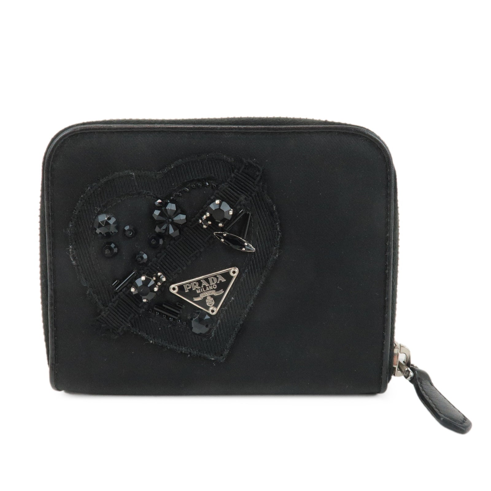 Prada Round Wallet Bijou d Leather Nylon Black Handbag