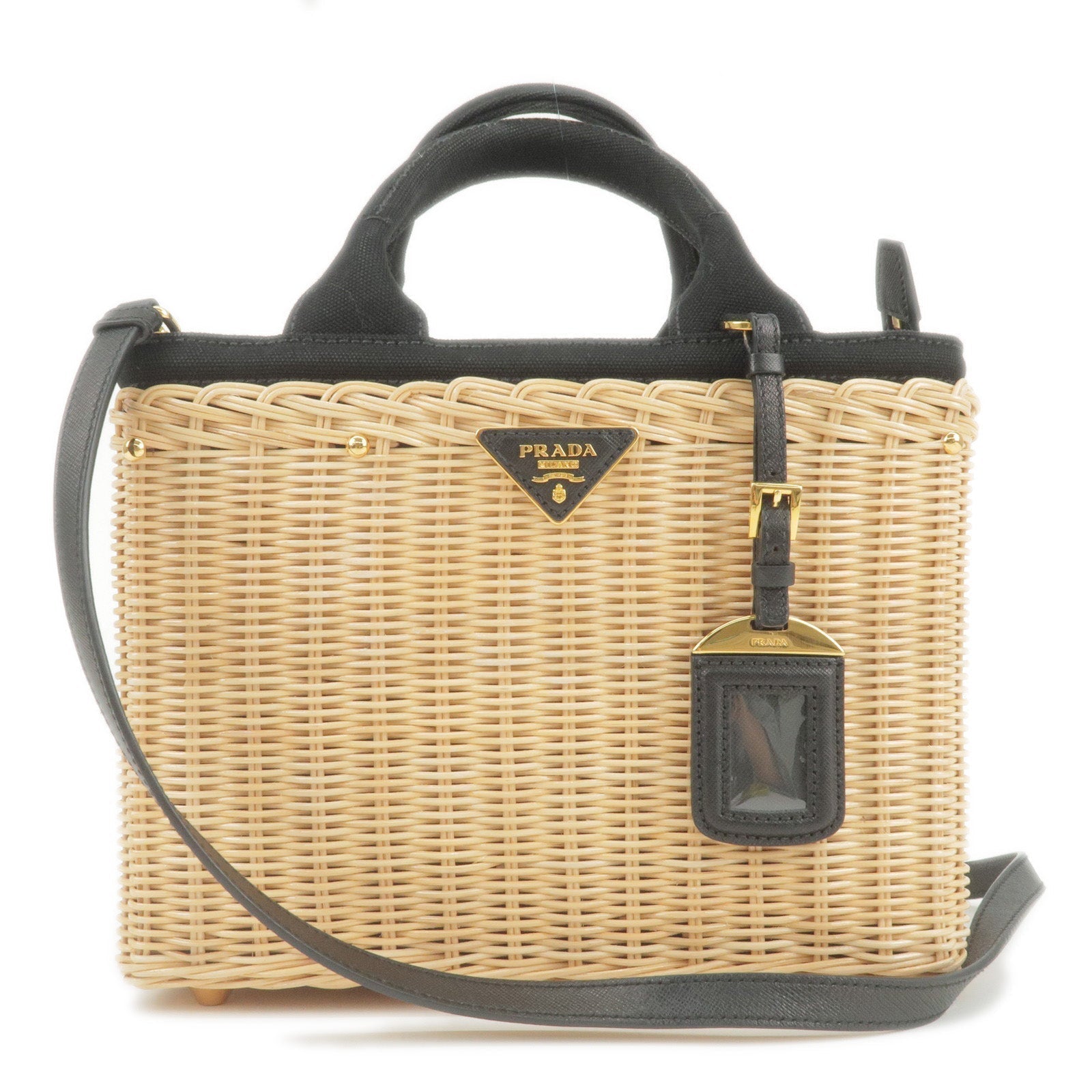 Prada 2Way Bag Hand Bag Canvas Wicker Black Travel Bag 1Bg835 35901 9