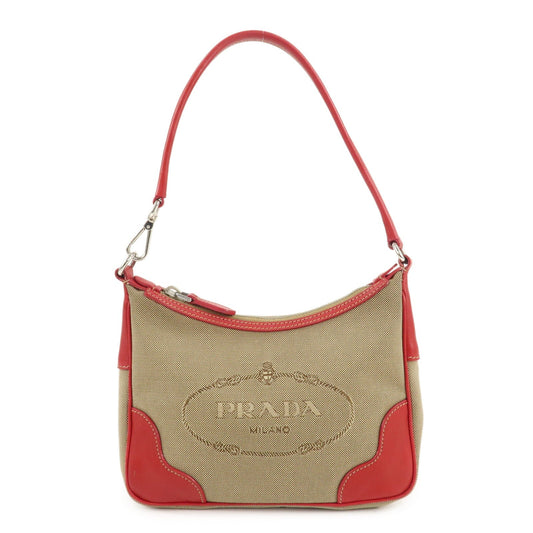 Prada Shoulder Bag Jacquard d Leather Beige Red