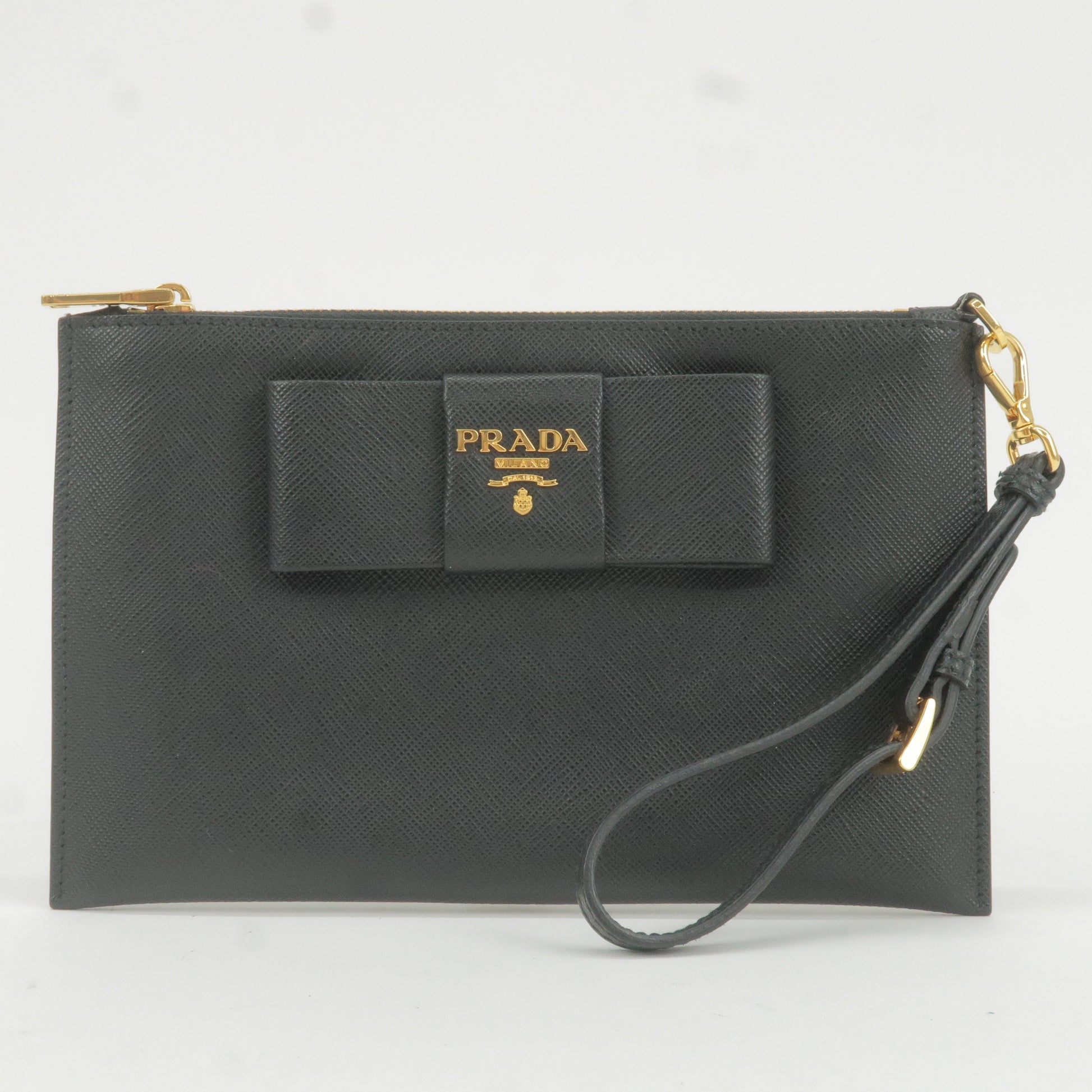 Prada Prada Logo Leather Ribbon Pouch Cosmetics Bag Nero Travel Bag