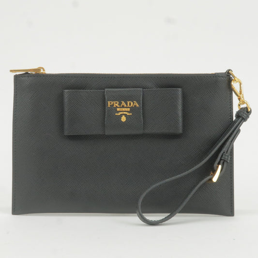 Prada Prada Logo Leather Ribbon Pouch Cosmetics Bag Nero Travel Bag