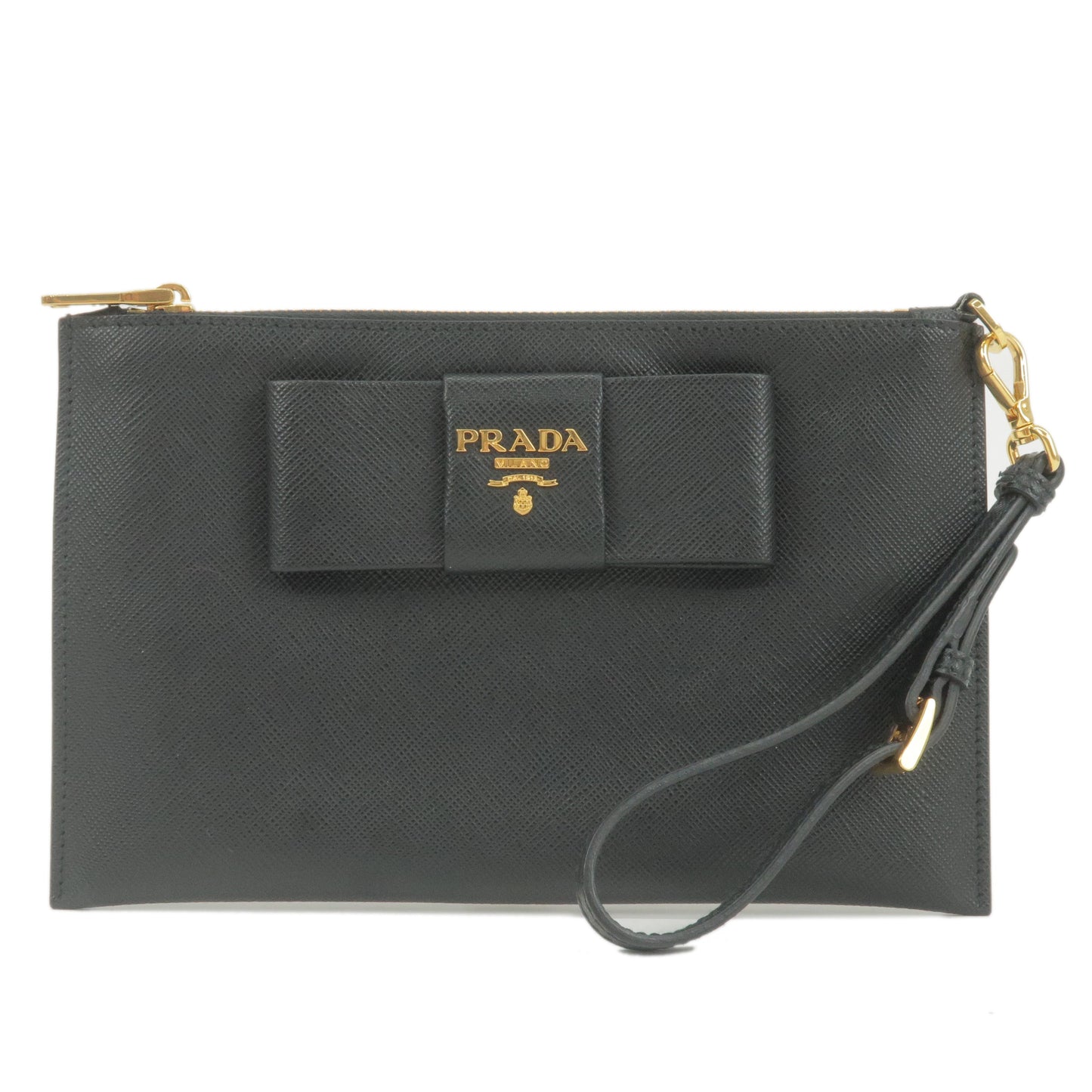 Prada Prada Logo Leather Ribbon Pouch Cosmetics Bag Nero Travel Bag