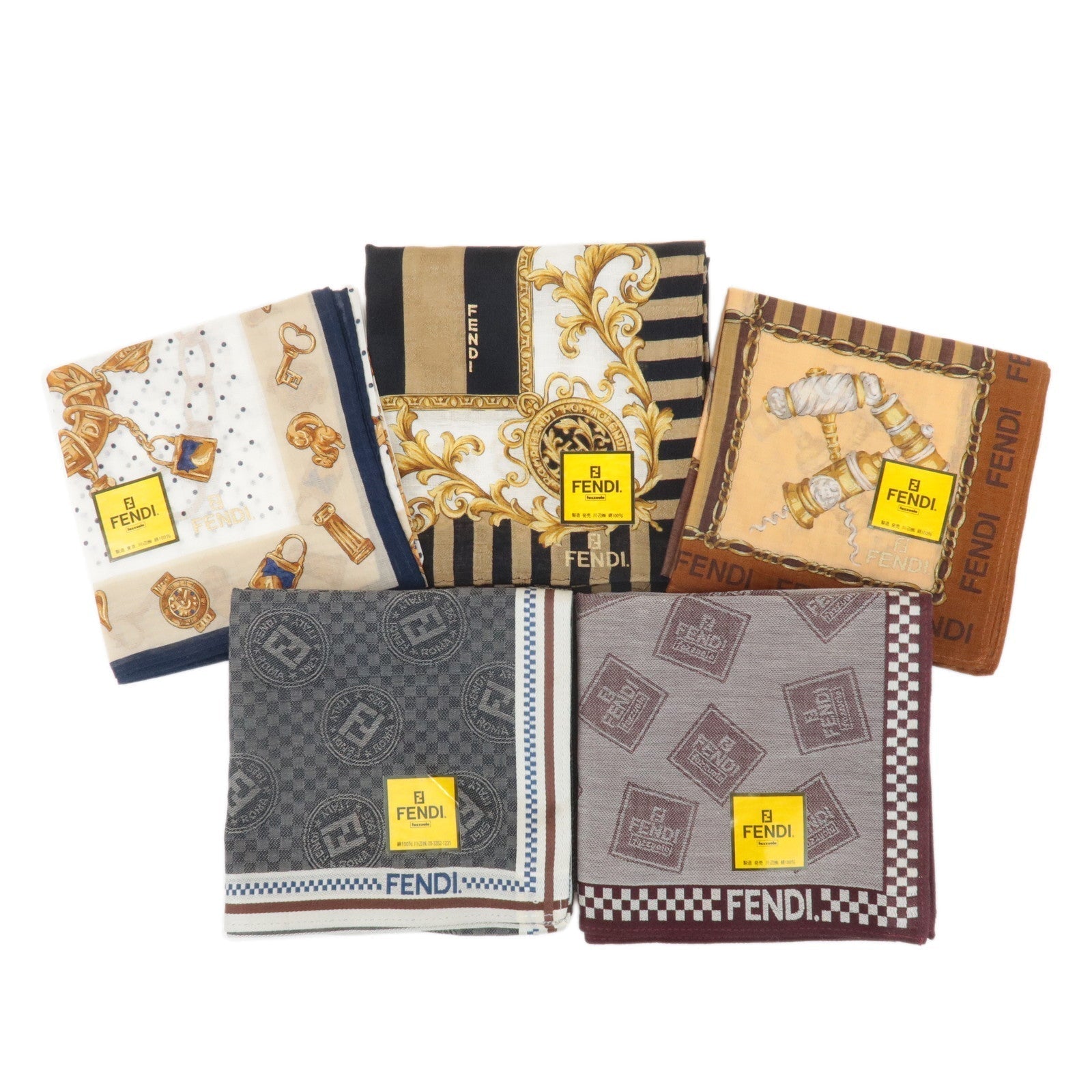 Fendi Set of 5 Cotton 100% Handkerchief Bordeaux d White Brown Gray Scarf