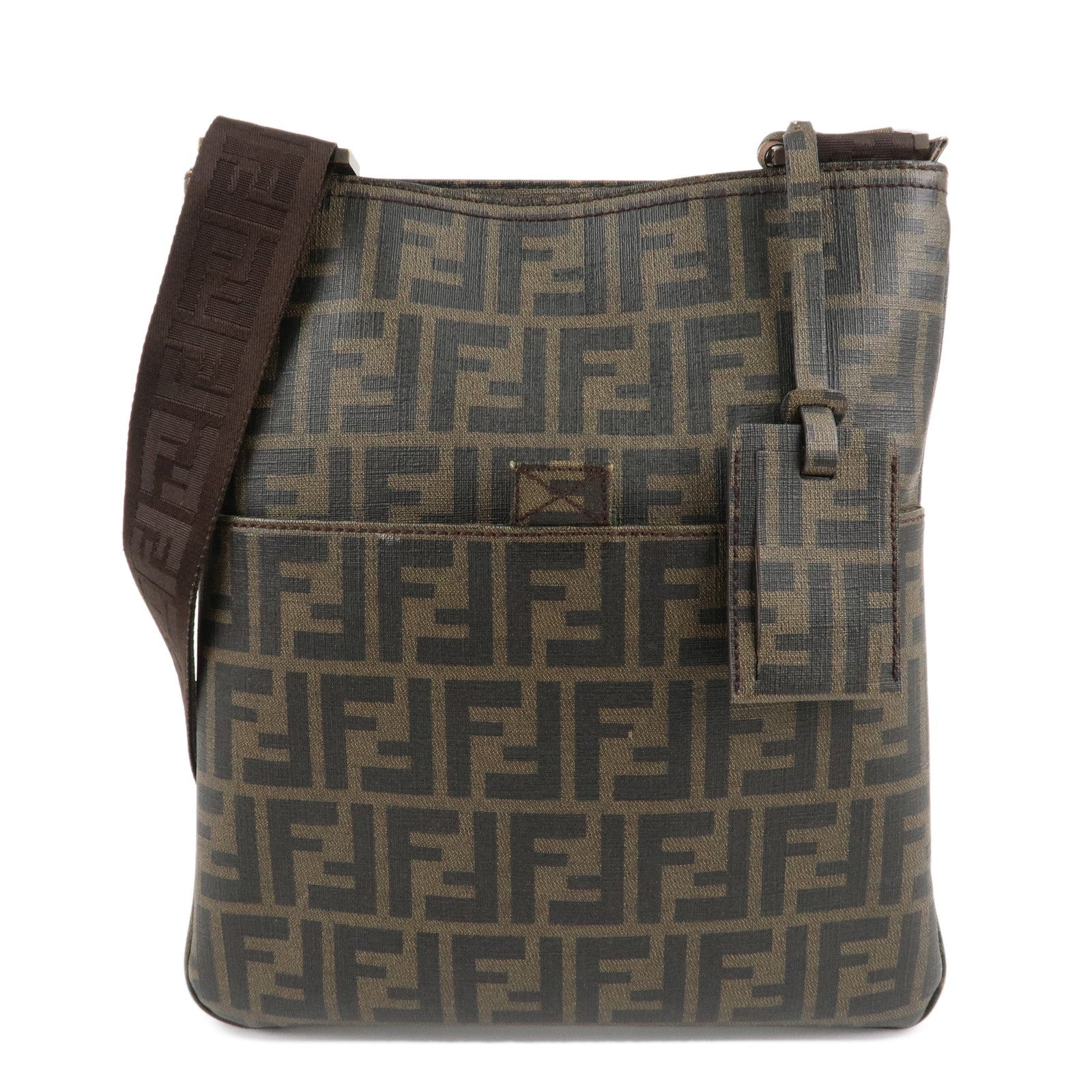 Fendi Shoulder Bag Zucca Print PVC Khaki d Leather Black