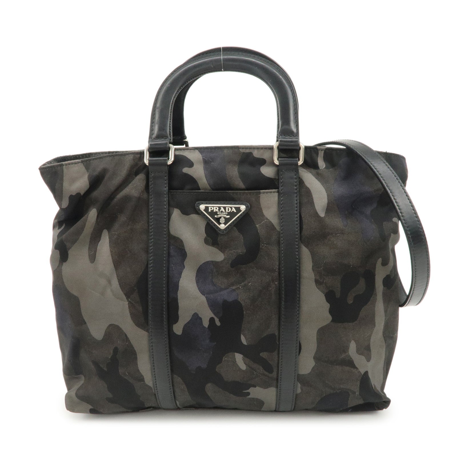 Prada 2Way Hand Bag Camouflage Khaki d Leather Nylon Black Handbag
