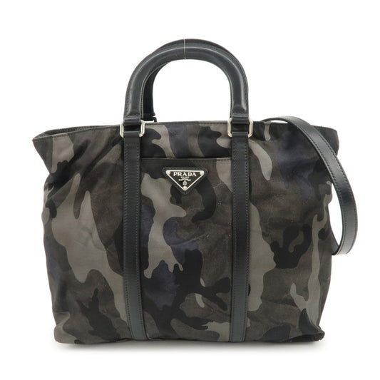 Prada 2Way Hand Bag Camouflage Khaki d Leather Nylon Black Handbag