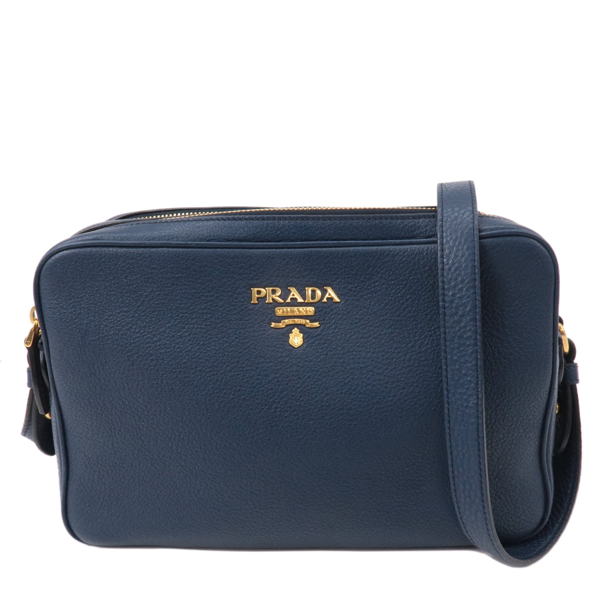 Prada Prada Logo Vitello Daino Leather Shoulder Bag Navy