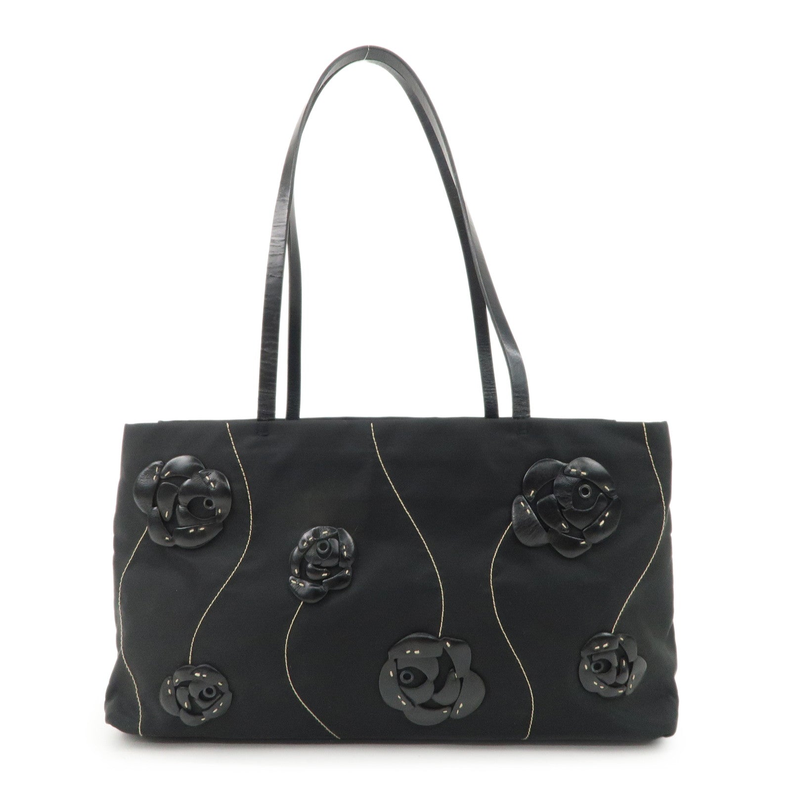 Prada Tote Bag Traiangle Flower d Leather Nylon Black