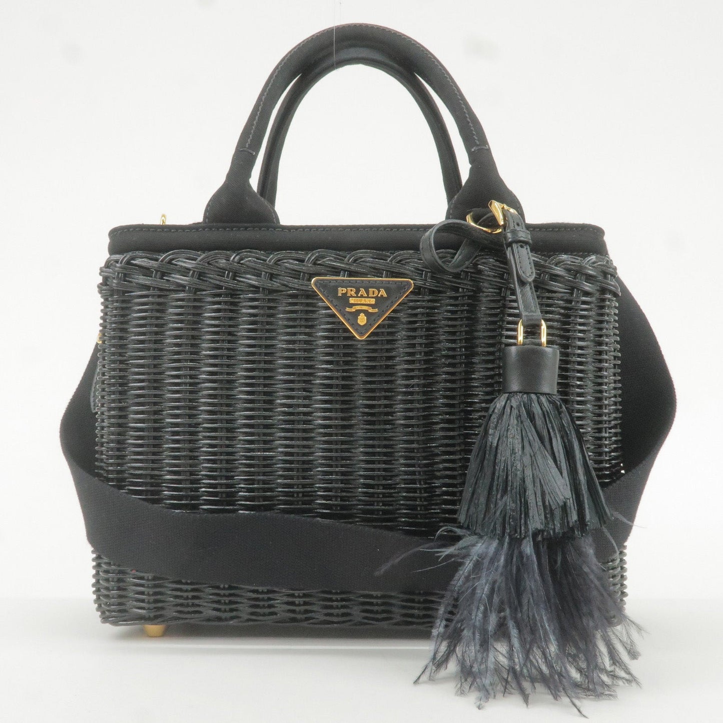 Prada 2Way Bag Hand Bag Canvas Wicker Black Travel Bag 1Bg835 35934 18